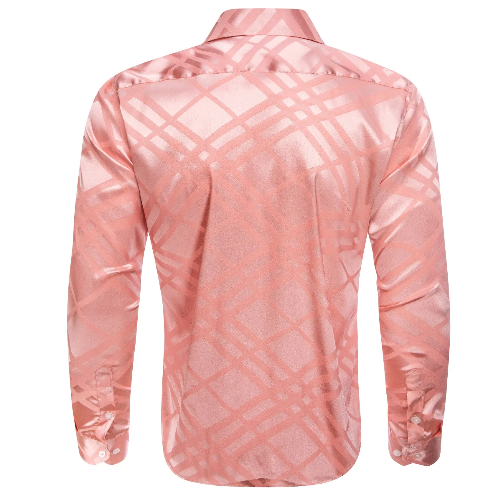 Baby Pink Plaid Silk Men's Long Sleeve Shirt