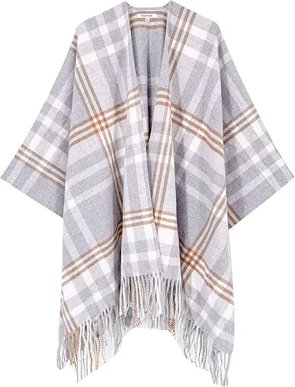 Beige-Khaki Winter Chic Plaid Poncho Cardigan