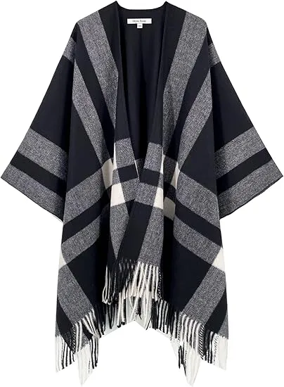 Beige-Khaki Winter Chic Plaid Poncho Cardigan
