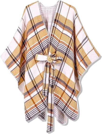 Beige-Khaki Winter Chic Plaid Poncho Cardigan