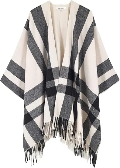 Beige-Khaki Winter Chic Plaid Poncho Cardigan