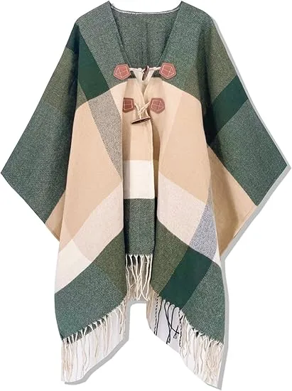 Beige-Khaki Winter Chic Plaid Poncho Cardigan