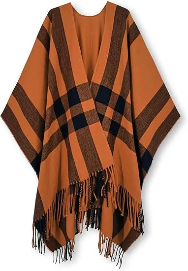 Beige-Khaki Winter Chic Plaid Poncho Cardigan