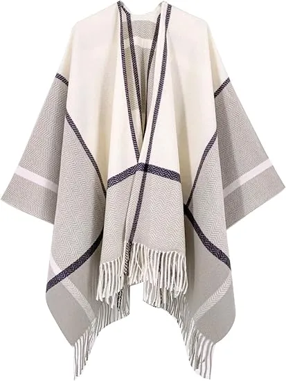 Beige-Khaki Winter Chic Plaid Poncho Cardigan