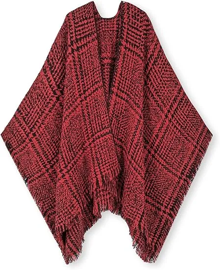 Beige-Khaki Winter Chic Plaid Poncho Cardigan