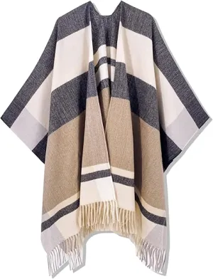 Beige-Khaki Winter Chic Plaid Poncho Cardigan