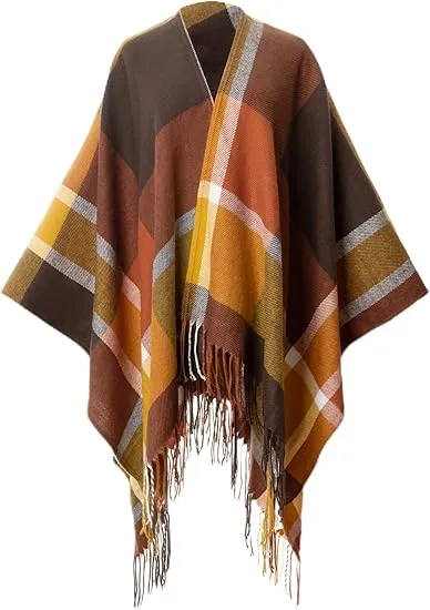 Beige-Khaki Winter Chic Plaid Poncho Cardigan
