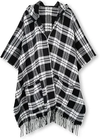 Beige-Khaki Winter Chic Plaid Poncho Cardigan