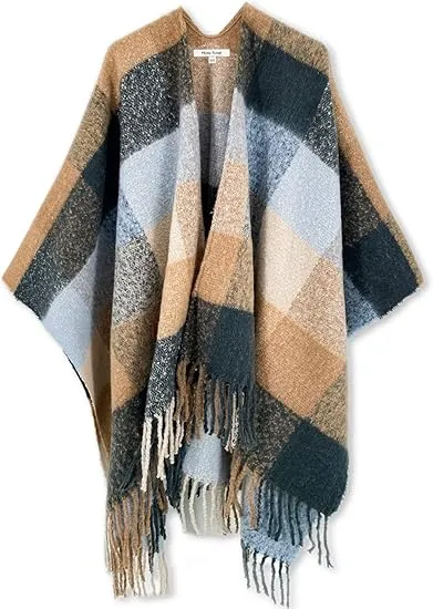 Beige-Khaki Winter Chic Plaid Poncho Cardigan