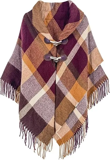 Beige-Khaki Winter Chic Plaid Poncho Cardigan