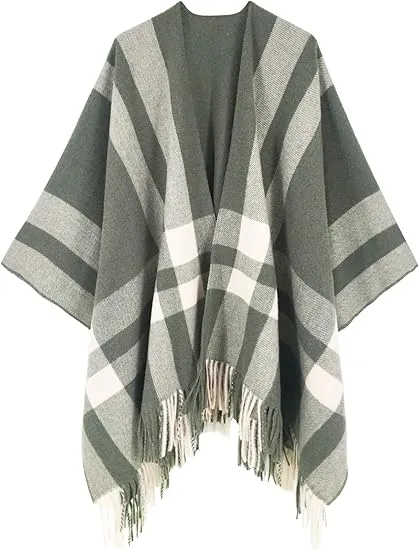 Beige-Khaki Winter Chic Plaid Poncho Cardigan