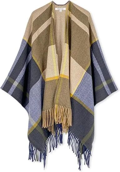 Beige-Khaki Winter Chic Plaid Poncho Cardigan