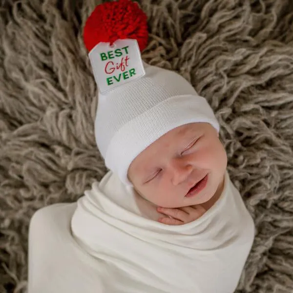 Best Gift Ever Gift Tag Pom Pom Newborn Hospital Hat - Baby Christmas Hat
