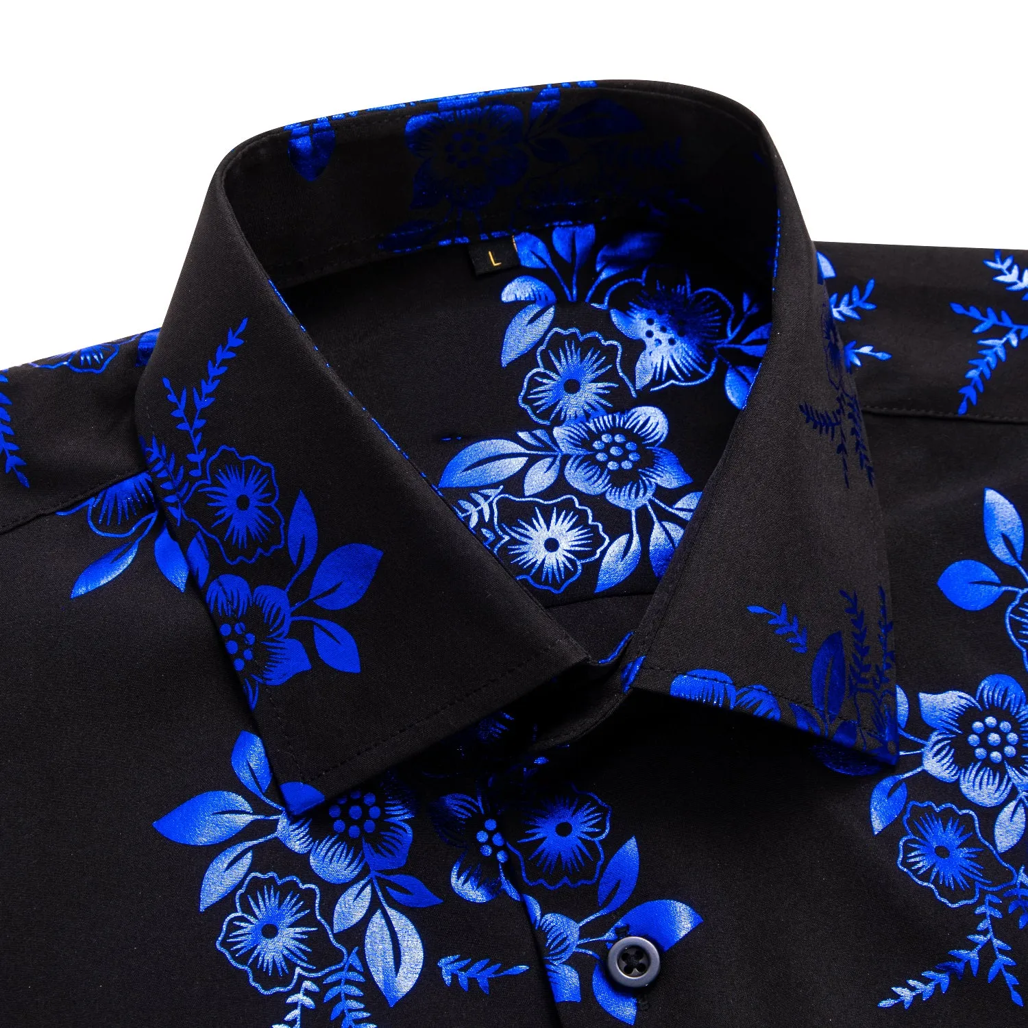 Black Shirt with Blue Floral Silk Men's Short Sleeve Shirt