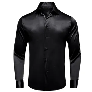 Black Solid Satin Men's Long Sleeve Shirt