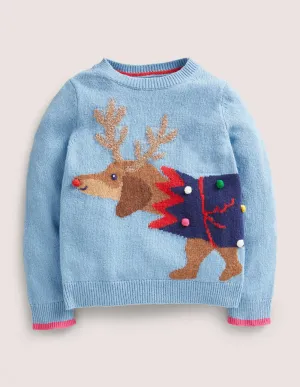 Blue Festive Dog Print Christmas Jumper-Dusty Blue Dog Cracker
