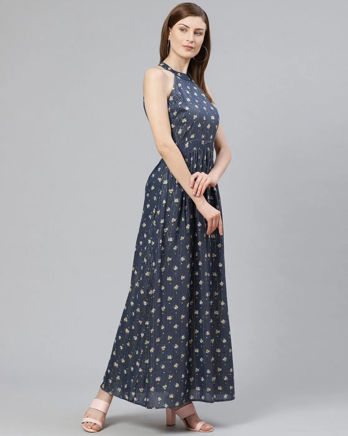 Blue Floral Halter Neck Maxi Dress