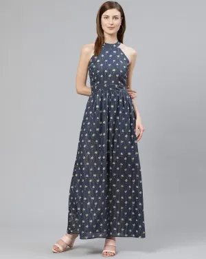 Blue Floral Halter Neck Maxi Dress