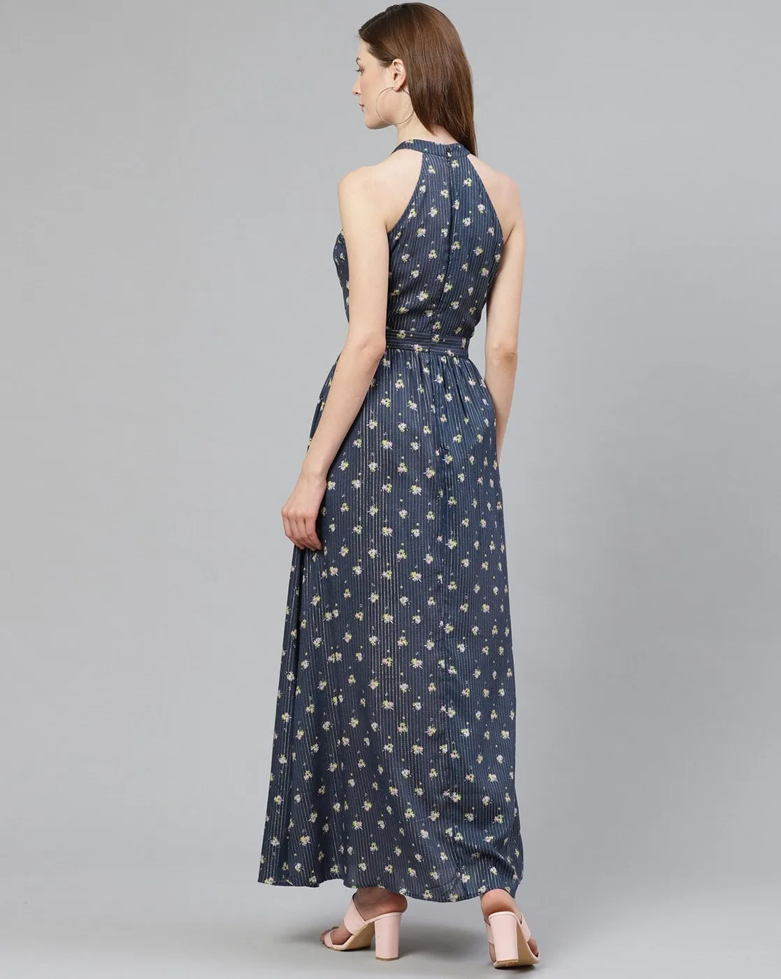 Blue Floral Halter Neck Maxi Dress