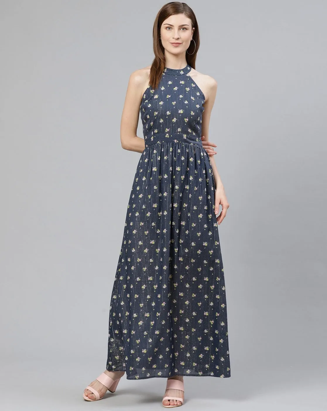 Blue Floral Halter Neck Maxi Dress