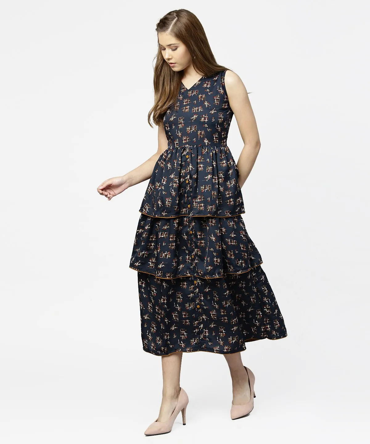 Blue sleeveless crepe printed multi layred maxi dress