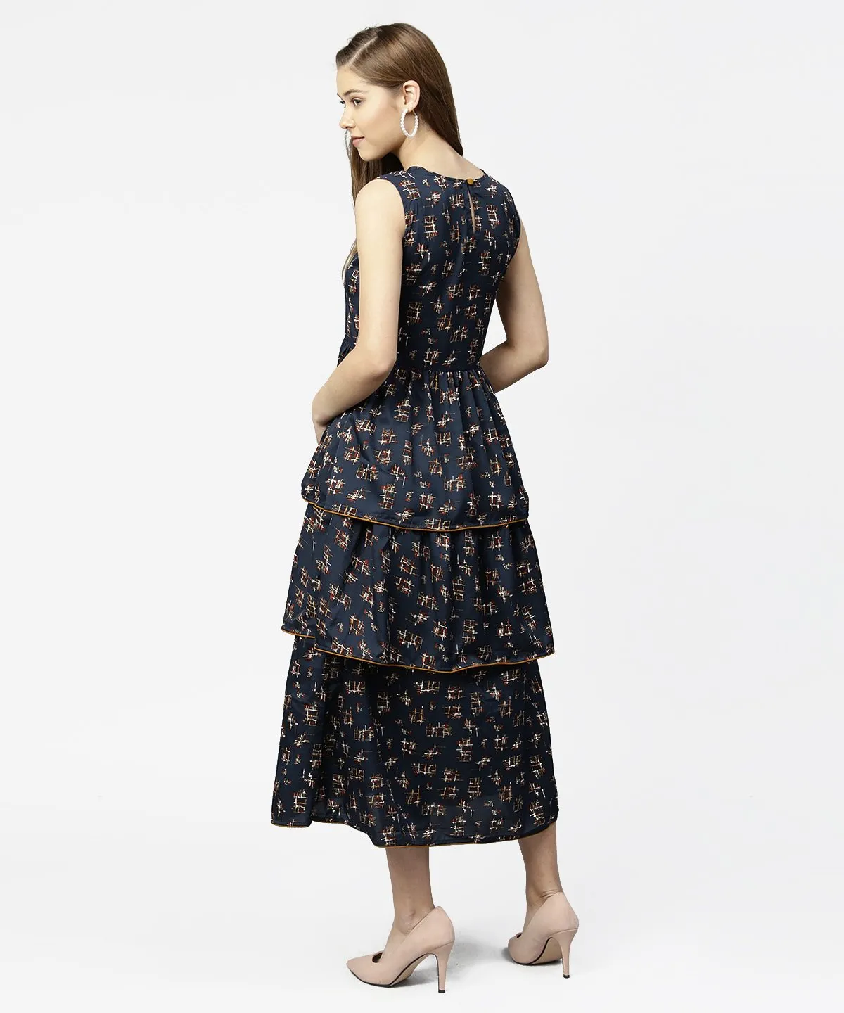 Blue sleeveless crepe printed multi layred maxi dress