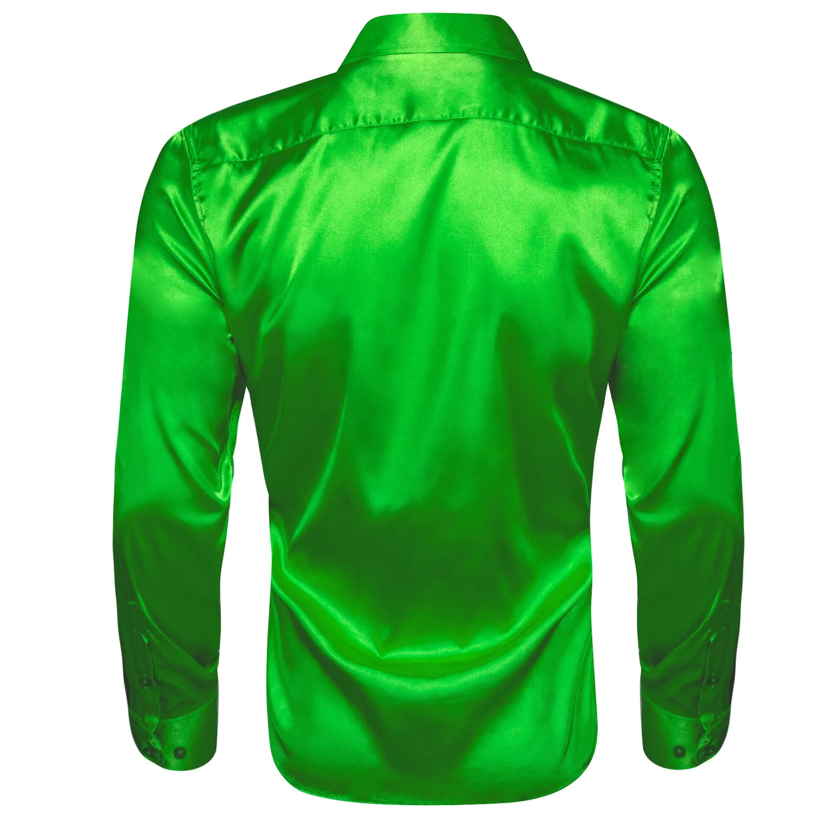 Bright Green Satin Solid Silk Men's Long Sleeve Shirt