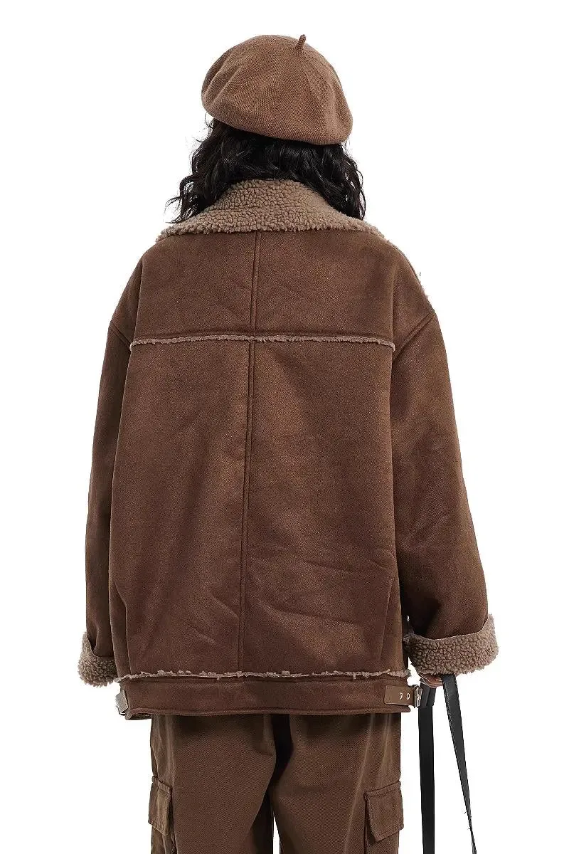 Brown Vegan Leather Shearling Aviator Jacket