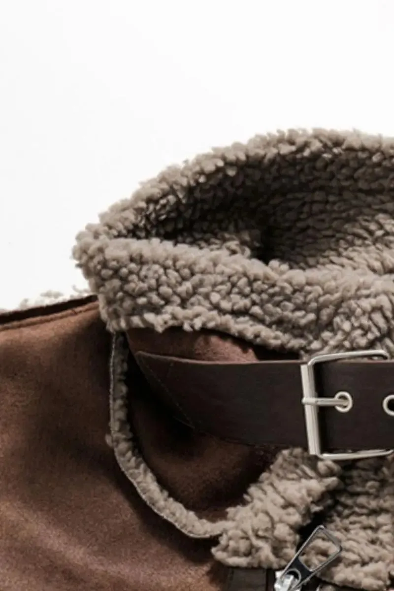 Brown Vegan Leather Shearling Aviator Jacket
