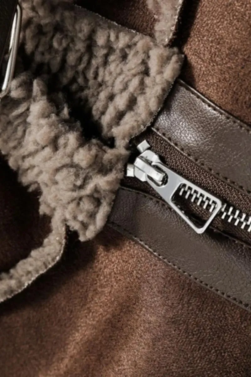 Brown Vegan Leather Shearling Aviator Jacket