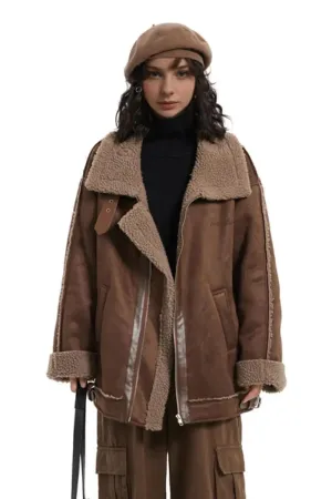 Brown Vegan Leather Shearling Aviator Jacket