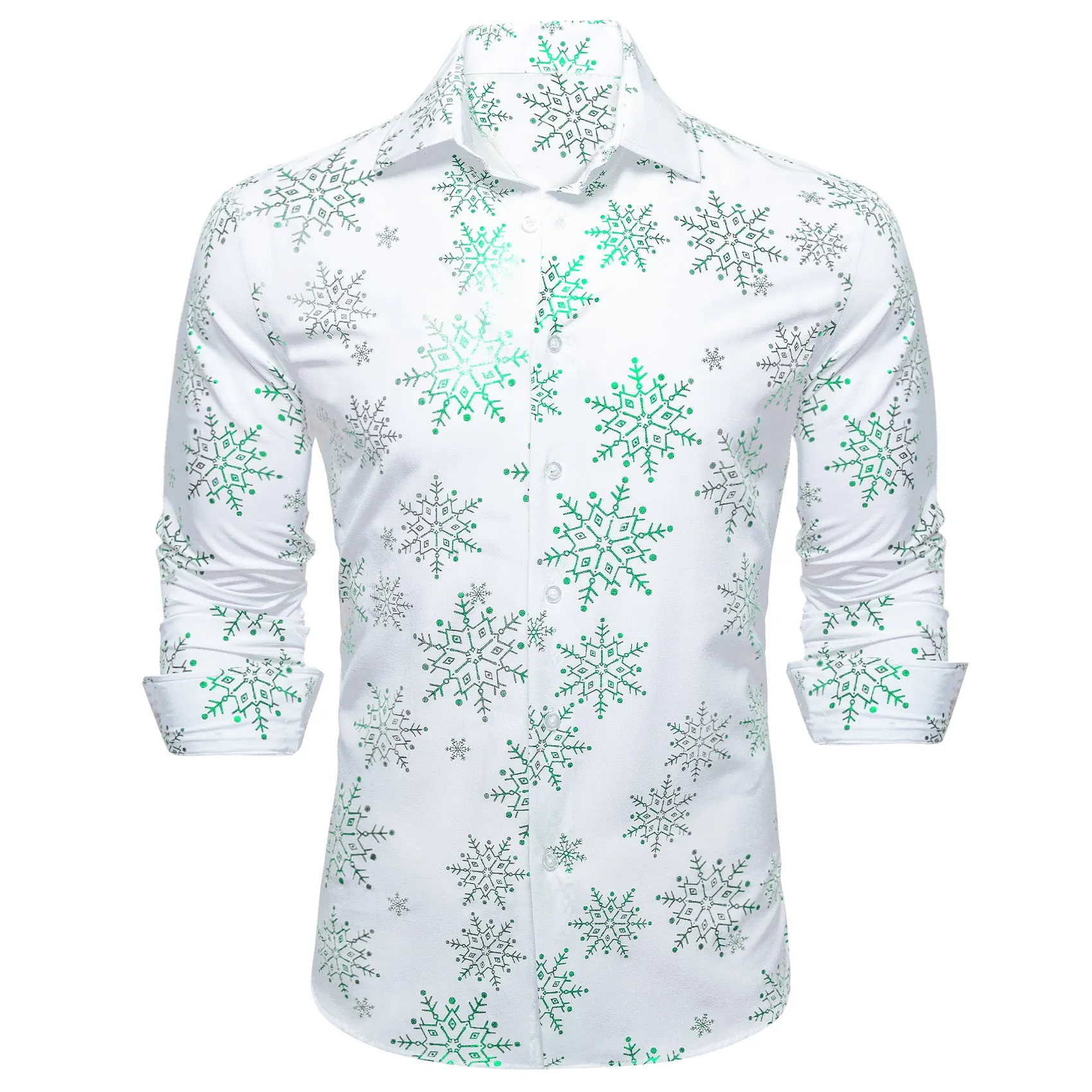 Christmas White with Green Snowflake Floral Men's Long Sleeve Shirt