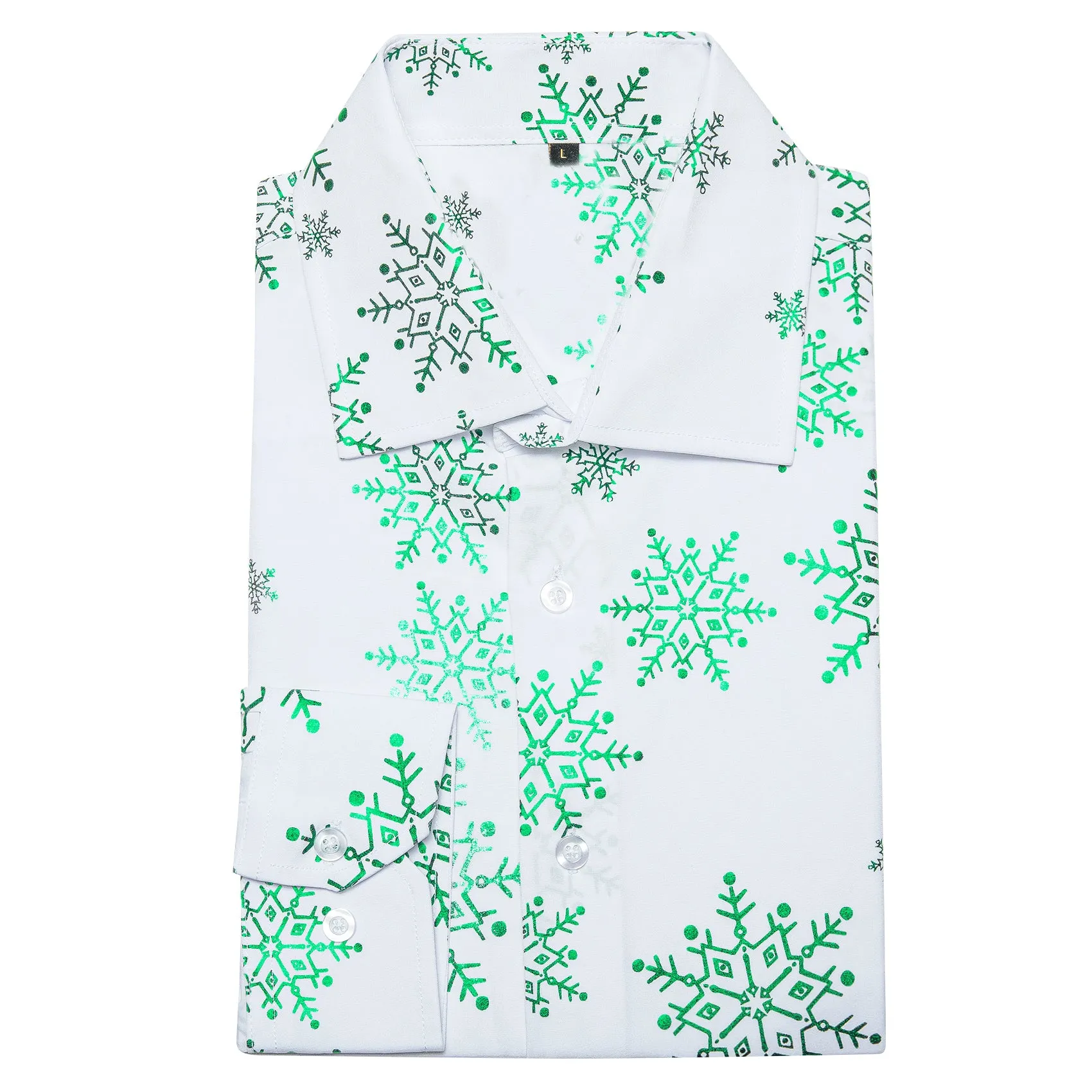 Christmas White with Green Snowflake Floral Men's Long Sleeve Shirt