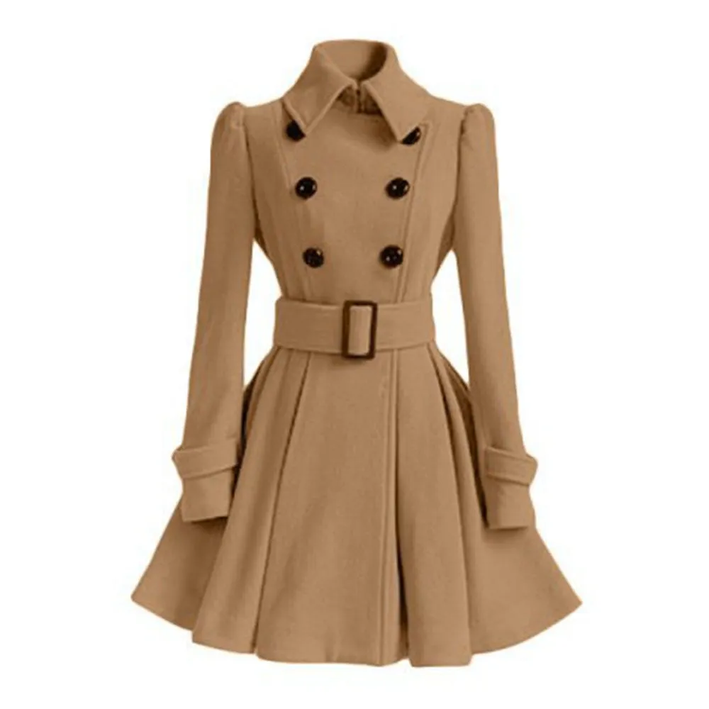 Classy Wool Double Breasted Belt Slim Vintage Coat