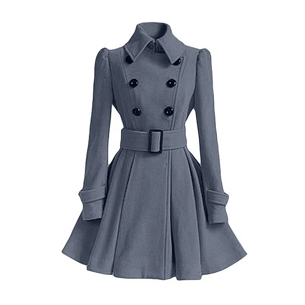 Classy Wool Double Breasted Belt Slim Vintage Coat