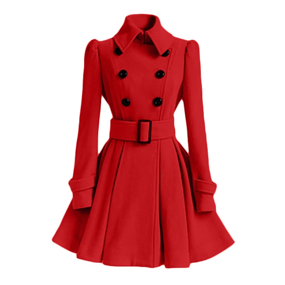 Classy Wool Double Breasted Belt Slim Vintage Coat