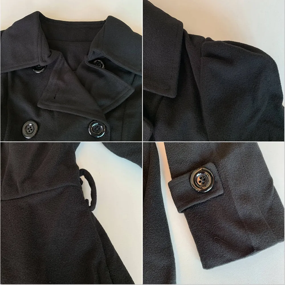 Classy Wool Double Breasted Belt Slim Vintage Coat