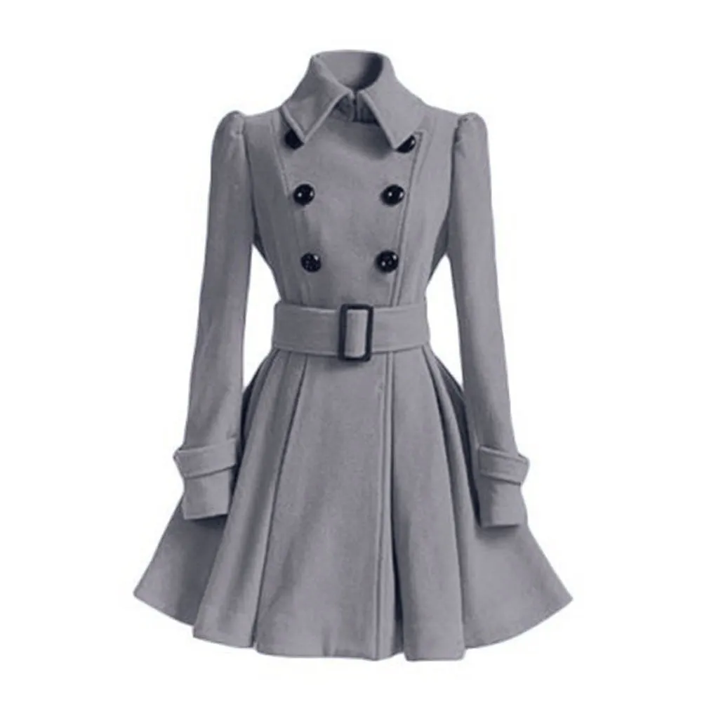 Classy Wool Double Breasted Belt Slim Vintage Coat