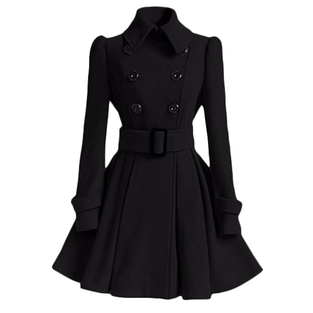 Classy Wool Double Breasted Belt Slim Vintage Coat