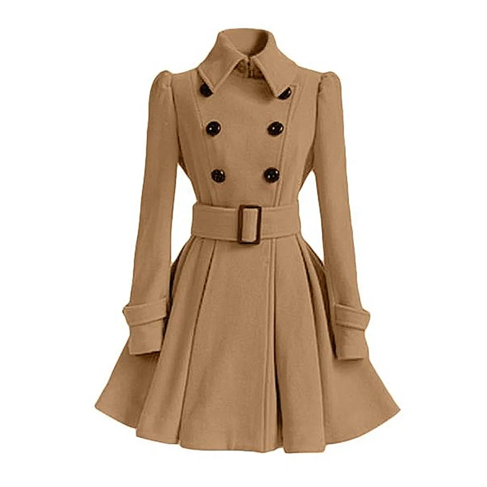 Classy Wool Double Breasted Belt Slim Vintage Coat