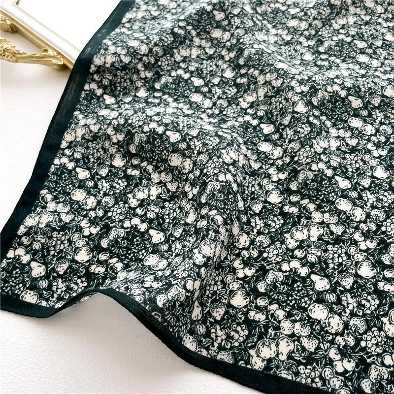Dark Green Floral Print Square Scarf/Herringbone Weave Square Scarf/Lady's Neck Scarf/Cotton Linen Hand Feeling Scarf/Gift for Her