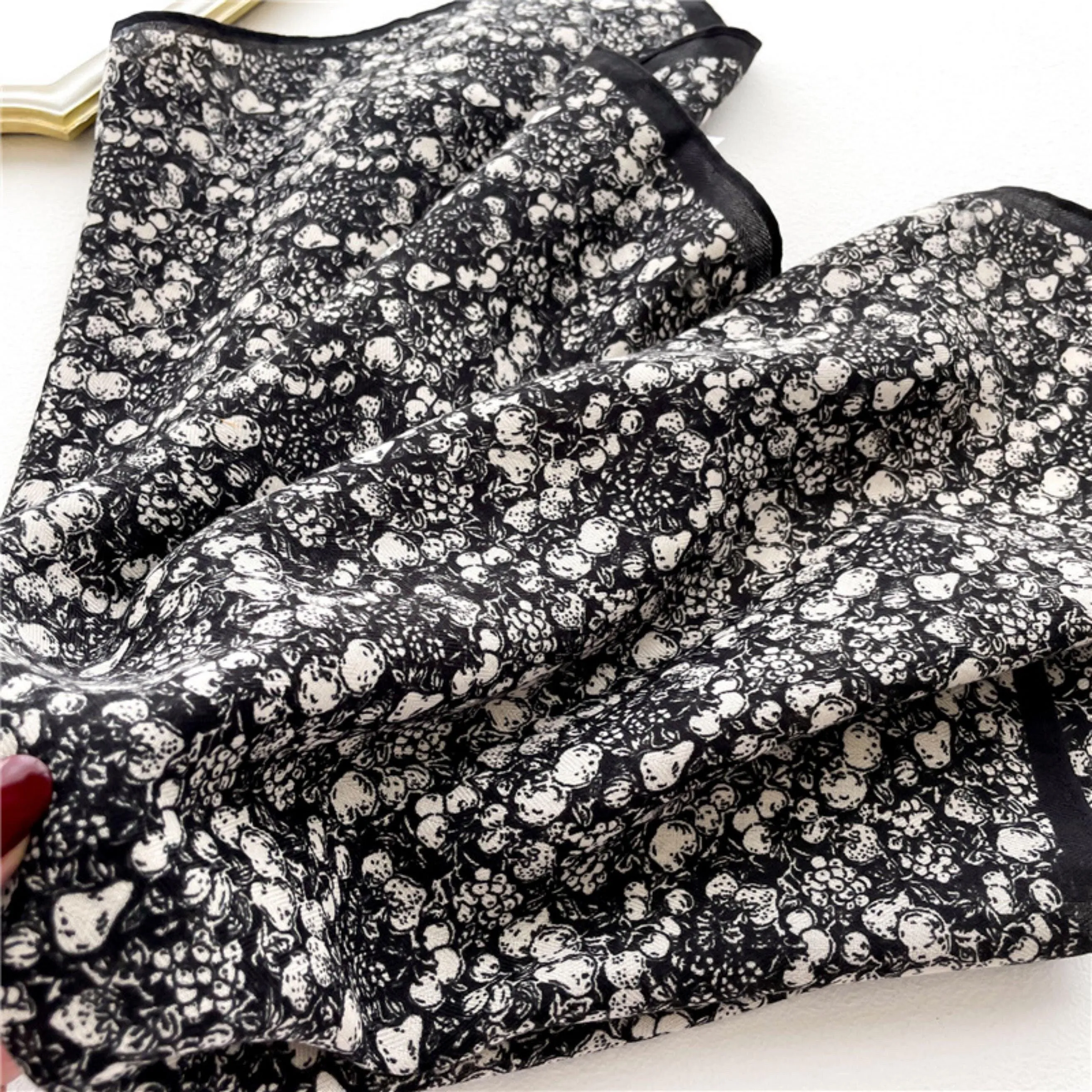 Dark Green Floral Print Square Scarf/Herringbone Weave Square Scarf/Lady's Neck Scarf/Cotton Linen Hand Feeling Scarf/Gift for Her