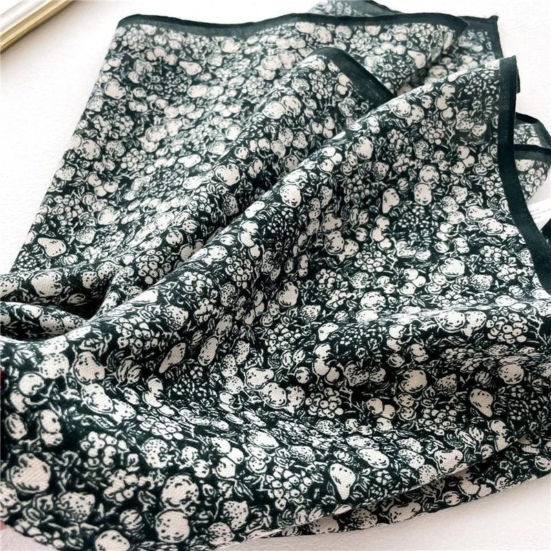 Dark Green Floral Print Square Scarf/Herringbone Weave Square Scarf/Lady's Neck Scarf/Cotton Linen Hand Feeling Scarf/Gift for Her