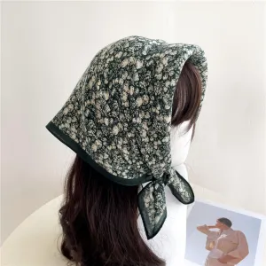 Dark Green Floral Print Square Scarf/Herringbone Weave Square Scarf/Lady's Neck Scarf/Cotton Linen Hand Feeling Scarf/Gift for Her