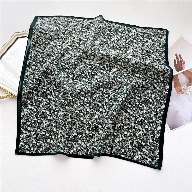 Dark Green Floral Print Square Scarf/Herringbone Weave Square Scarf/Lady's Neck Scarf/Cotton Linen Hand Feeling Scarf/Gift for Her