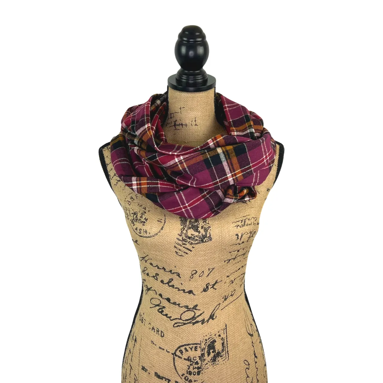 Eggplant Purple, Burnt Orange, White, Black, and Cranberry Luxe Collection Plaid Infinity and Blanket Scarves