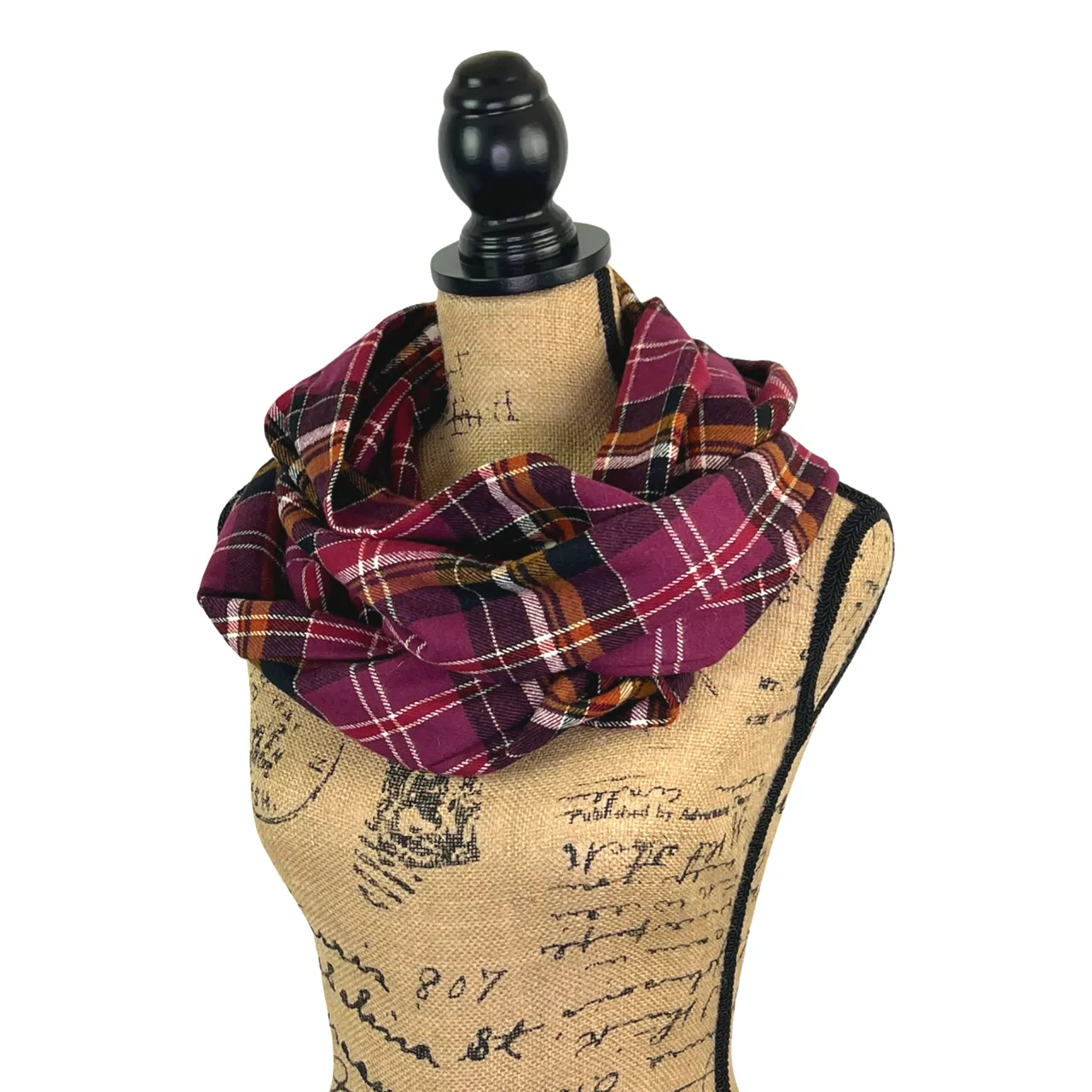 Eggplant Purple, Burnt Orange, White, Black, and Cranberry Luxe Collection Plaid Infinity and Blanket Scarves