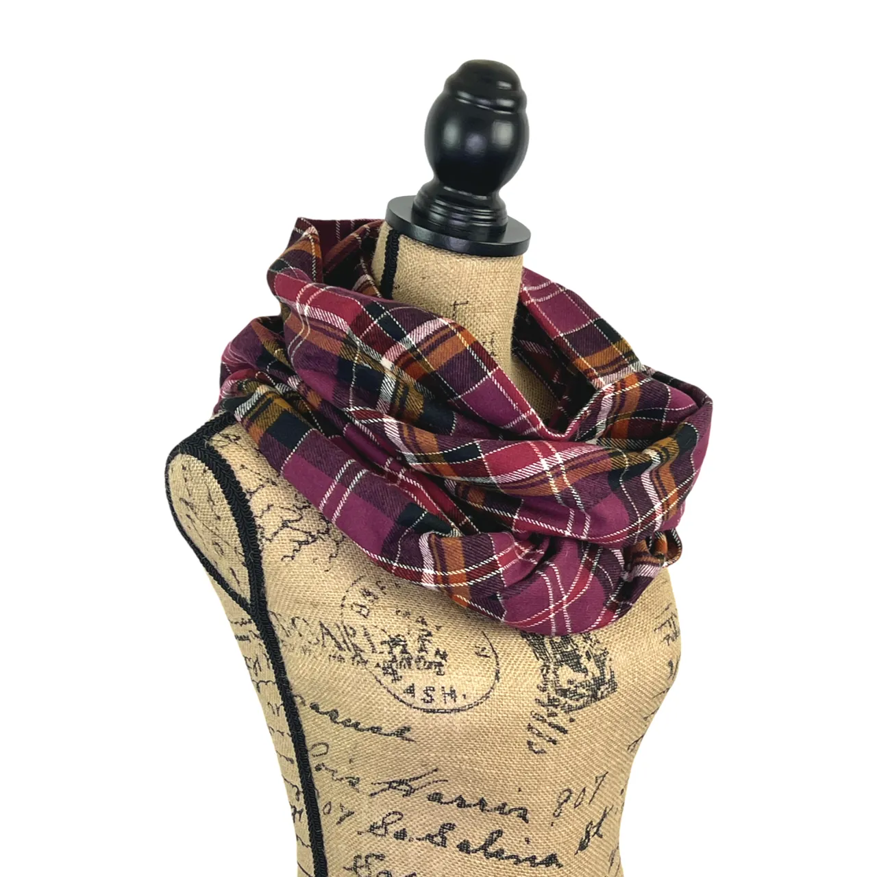Eggplant Purple, Burnt Orange, White, Black, and Cranberry Luxe Collection Plaid Infinity and Blanket Scarves