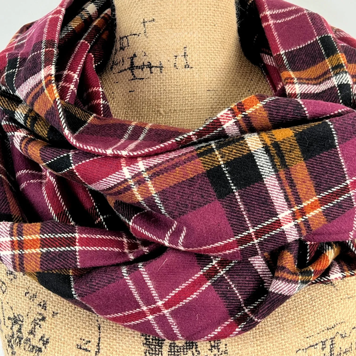 Eggplant Purple, Burnt Orange, White, Black, and Cranberry Luxe Collection Plaid Infinity and Blanket Scarves