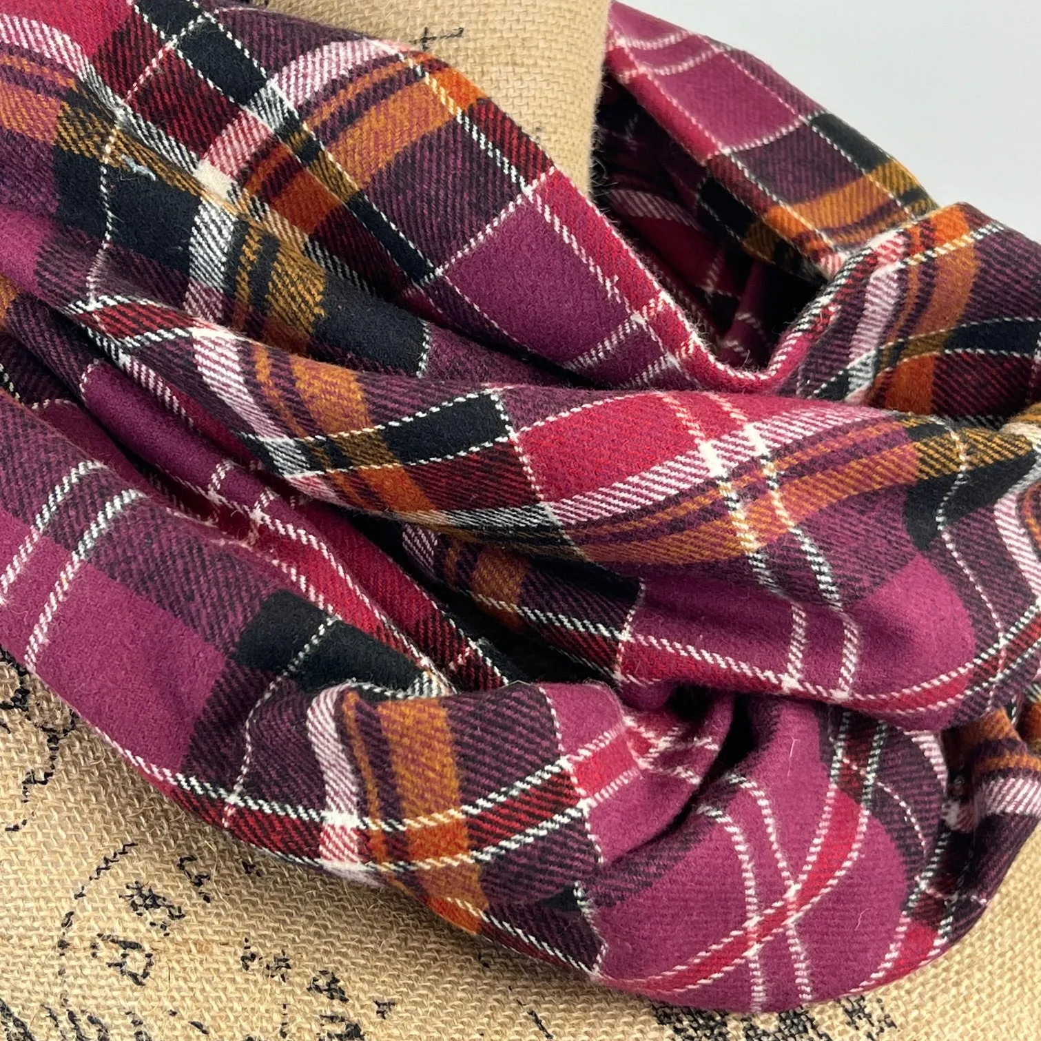 Eggplant Purple, Burnt Orange, White, Black, and Cranberry Luxe Collection Plaid Infinity and Blanket Scarves